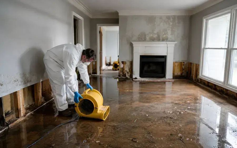 Restoration techs in protective suits bagging wet materials from a stripped room in a Riverton, UT home
