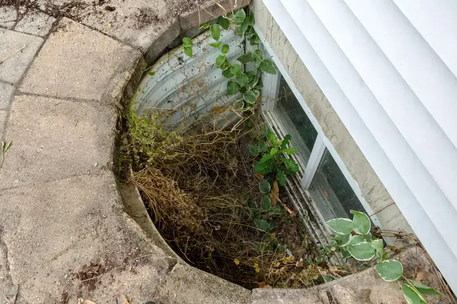 Window well choked with leaves and weeds beside a basement window in Riverton
