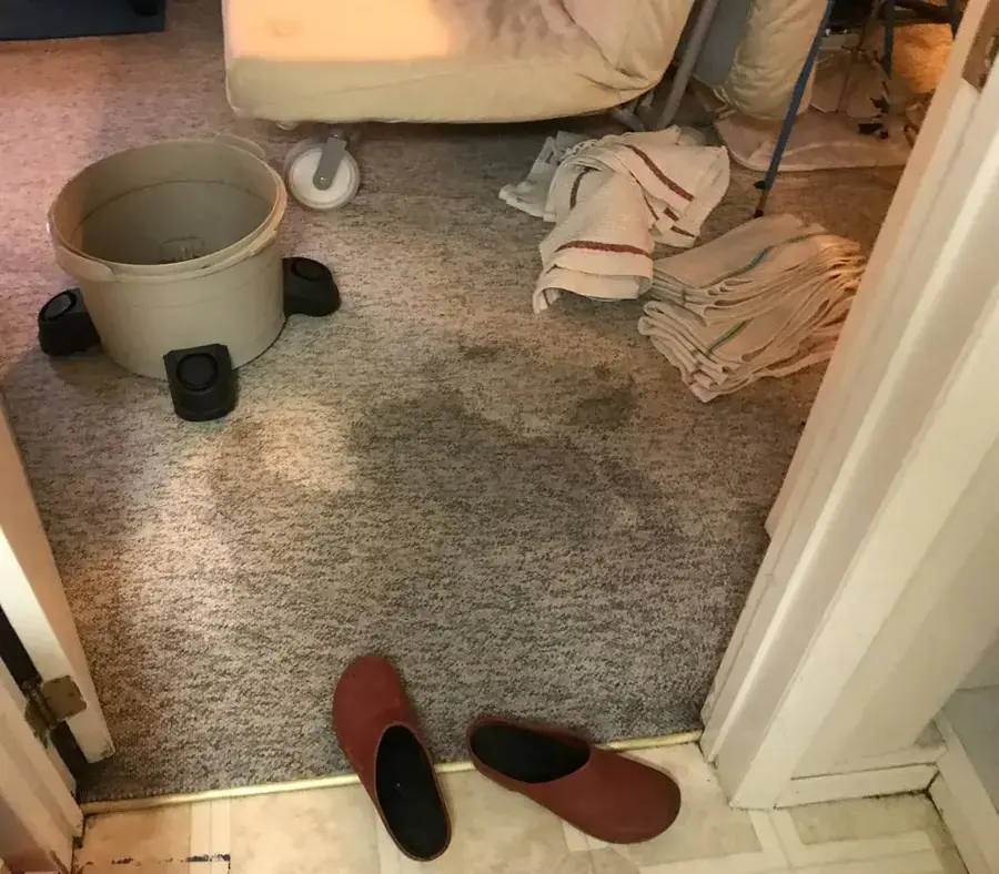Soaked carpet at a bedroom doorway with towels and a bucket, like many Herriman water losses